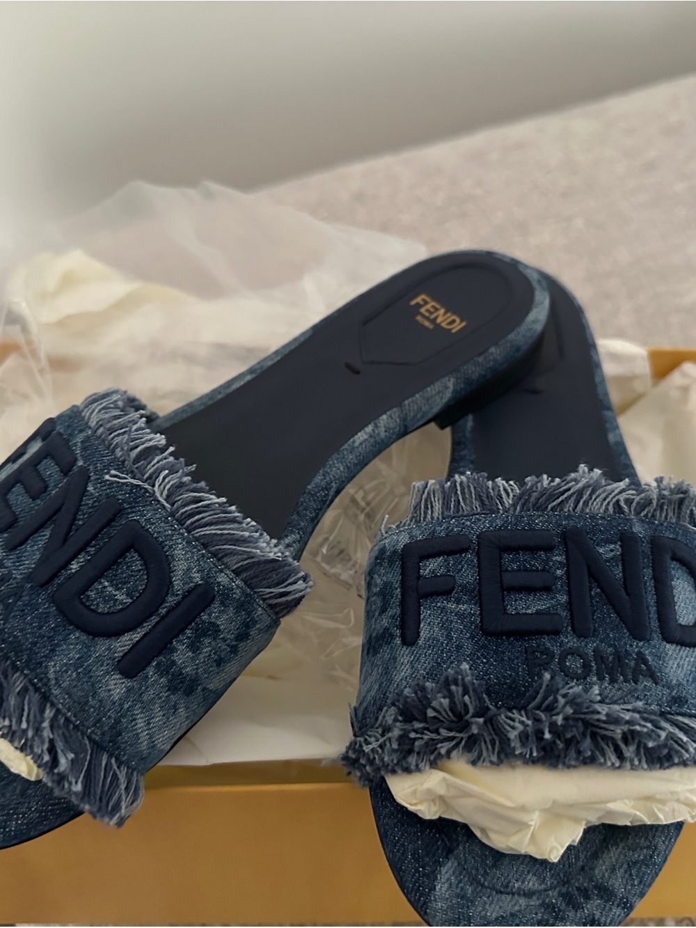 Fendi Frayed Denim Logo Slide Sandals - Dark Blue - Picture 2 of 6